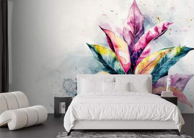 Watercolor Painting tropical ti plant with splattering, artistic composition, light gray background Wall mural