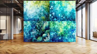 Watercolor stippling, vibrant blues and greens of aquatic elements, creating a lively and refreshing background Wall mural