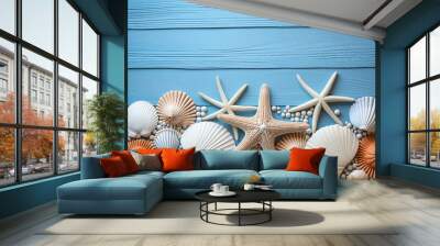 beach scene concept with sea shells and starfish Wall mural