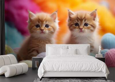 Curious Kittens Sitting on Colorful pastel Yarn Balls Wall mural