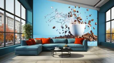 Dynamic coffee splash in a white cup with flying beans Wall mural