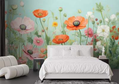 Garden flowers over pastel green wood Wall mural