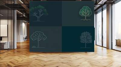 Clean linear icon of a tree, designed with simple lines and minimalistic style in dark green. Captured in Wall mural