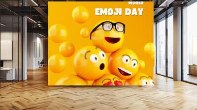 World Emoji Day Celebration  3D  Emoji Character with greeting Concept Colorful Design Background Wall mural