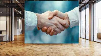 A close-up of two hands engaged in a handshake, symbolizing agreement, partnership, or collaboration against a blurred blue background. Wall mural