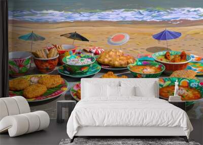 A Colorful Spread of Food on a Sandy Beach Wall mural