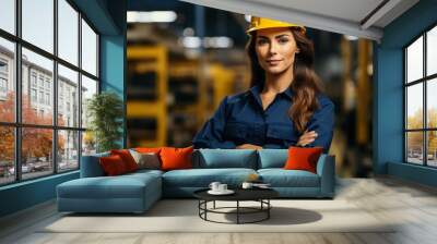 A confident woman wearing a yellow hard hat stands in a warehouse setting, her blue work shirt emphasizing her professional demeanor. Wall mural