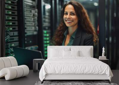 A confident woman with curly hair stands in a server room, holding a laptop. She exudes competence and expertise in a tech-dominated environment, hinting at her role in IT. Wall mural