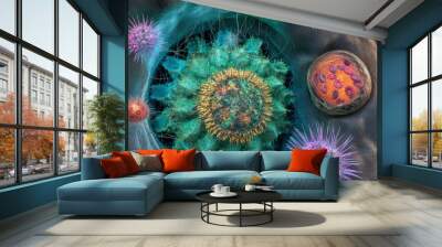 A Detailed Representation of a Cell Under Attack by Viruses Wall mural