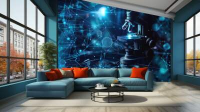 A futuristic microscope illuminated by blue light amidst a network of abstract connections, symbolizing scientific exploration and innovation. Wall mural