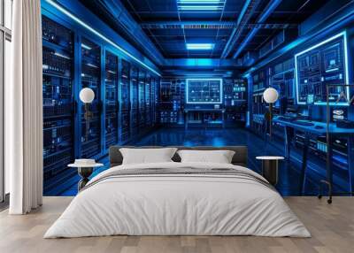 A futuristic server room with glowing blue lights and advanced technology Wall mural