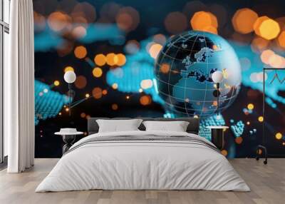 A glowing globe representing global connectivity, surrounded by digital elements and soft bokeh lights, ideal for technology themes. Wall mural