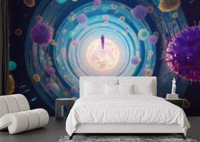 A lone figure standing within a swirling vortex of colorful spheres, possibly representing cells or viruses Wall mural