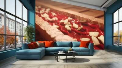 A long, narrow bread loaf filled with red sauce and white chunks Wall mural