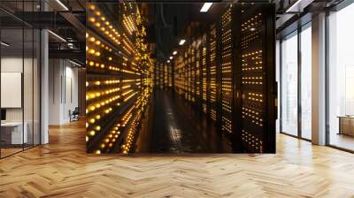 A long, narrow corridor lined with rows of illuminated server racks in a data center Wall mural