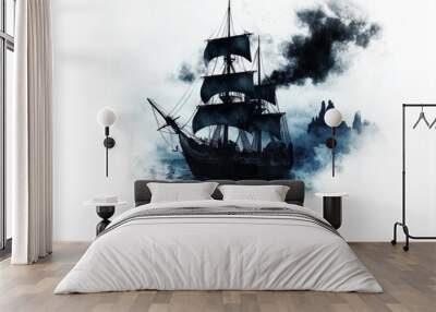 A mysterious ship emerging from dark smoke, surrounded by birds, evoking a sense of adventure and the unknown. Wall mural