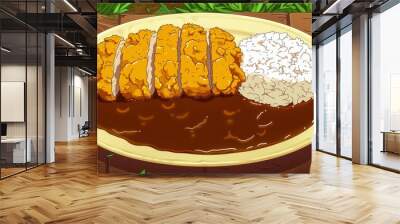 A Plate of Japanese Curry Rice with Fried Pork Cutlet Wall mural