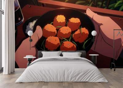 A Plate of Round, Orange Food with Green Garnishes Held by Hands Wall mural