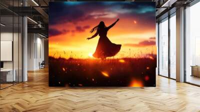 A silhouette of a woman dancing joyfully against a vibrant sunset backdrop in a serene field. Wall mural