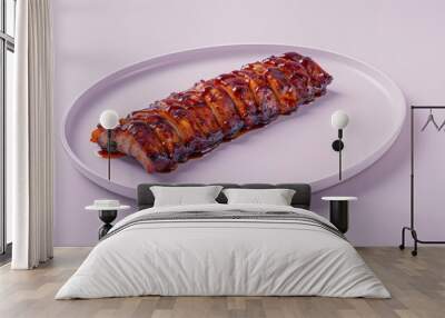 A Single Rack of Glazed Pork Ribs on a White Plate Wall mural