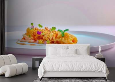 A Single Serving of Crispy, Garnishing-Topped Dish on a White Plate Wall mural