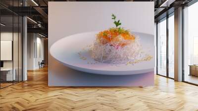 A Single Serving of White Rice with Orange Sauce and a Sprig of Greenery on a White Plate Wall mural