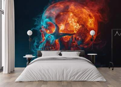 A skull on fire. The fire is blue and orange. The skull is in the center of the image. The background is black. Wall mural