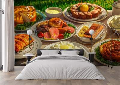 A Spread of Food on a Table with a Grassy Background Wall mural