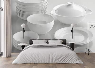 A White Porcelain Dinnerware Set with Serving Dishes and Bowls Wall mural