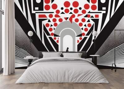 Abstract art with black silhouette of man standing in a geometric pattern with red and black elements. Concept of surrealism, art, design and architecture. Wall mural