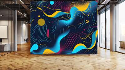 Abstract colorful fluid shapes and particles scatter on dark blu Wall mural