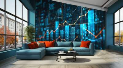 Abstract Data Visualization with Blue and Orange Lines on a Blac Wall mural