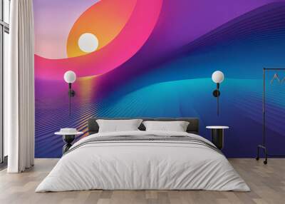 Abstract digital art with sunset colors in blue, pink, and orange with a sun in the horizon. Futuristic landscape in a minimal style with wavy lines. Wall mural