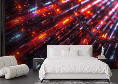 Abstract digital art with vibrant red and blue lights Wall mural