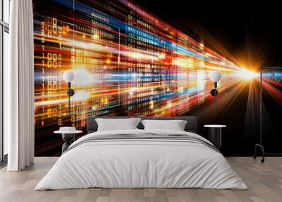 Abstract digital tunnel with glowing lines and data streams Wall mural