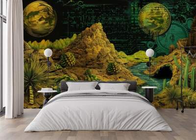 Abstract Landscape with Two Moons and a Winding River Wall mural