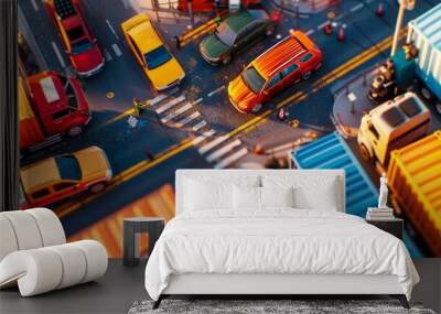 Aerial View of a Busy Intersection with Cars and Trucks Wall mural