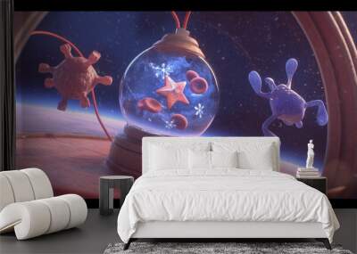 Animated characters in a space station with a fishbowl Wall mural