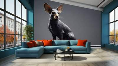 Black and tan Devon Rex cat with large ears sitting on a gray background, studio portrait of cat breed. Wall mural