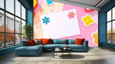 Blank Card Decorated with Colorful Paper Flowers Wall mural