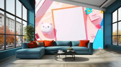 Blank Paper Surrounded by Pastel-Colored Objects and Toys Wall mural