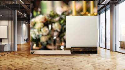 Blank White Card on a Wooden Stand with a Blurred Floral Background Wall mural