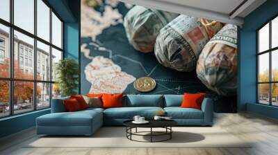 Bundles of cash arranged on a world map, symbolizing global finance and economic connections. Wall mural