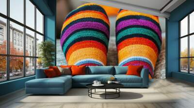 Colorful striped socks rest on a cozy sofa, adding a pop of personality and comfort to the relaxed setting. Wall mural