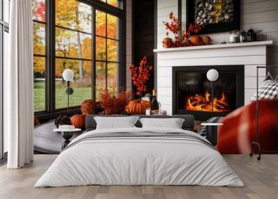 Cozy autumn living room with a warm fireplace, festive decor, and a beautiful view of fall foliage through the window. Wall mural