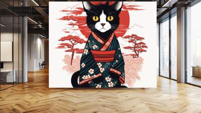 Cute black cat in Japanese kimono. illustration. Wall mural