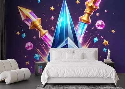 Cute blue crystal character with glowing eyes and a smile, holding two magical staffs surrounded by stars and gems.  Concept of fantasy, magic, and adventure. Wall mural