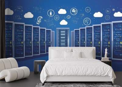 Data Center Server Racks and Cloud Computing Symbols Wall mural