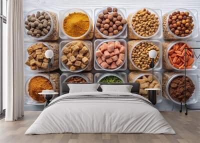 * A selection of dry and wet cat food products in their original packaging sit arranged on a Wall mural