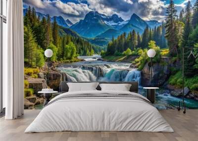 a beautiful scenic view of an amazing landscape of waterfall falling into the river with mountains and trees Wall mural